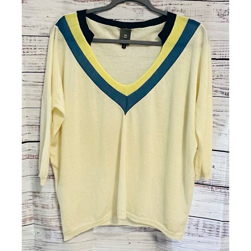 Anne Willi Paris Virgin Wool Knit V-Neck Colorblock Contrast Trim Sweater Sz 2